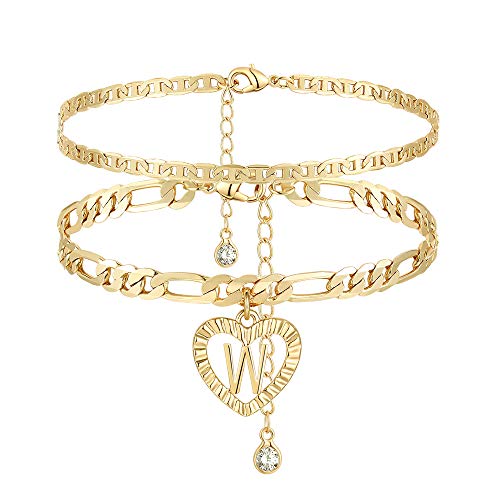 YANODA Initial Ankle Bracelets for Women 14K Gold Plated Layered Figaro Chain Letter Initial Anklets Handmade Layered Heart Ankle Bracelets Personalized Jewelry for Women - color: W