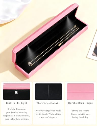 Hatori Long Chain Necklace Jewelry Gift Box with LED Light, Bracelet Storage Case, Jewellry Display Box for Wedding, Engagement, Proposal, Birthday, Anniversary - color: Pink