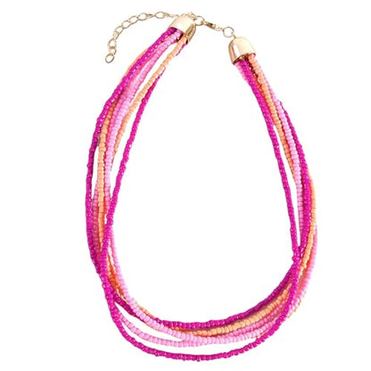 Handmade Colorful Multi-layered Multi Strand Seed Beaded Stackable Bohemian Braided Choker Necklaces for Women Summer Hawaiian Beach Holiday Boho Statement Jewelry - color: pink