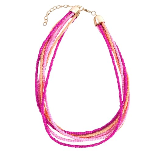 Handmade Colorful Multi-layered Multi Strand Seed Beaded Stackable Bohemian Braided Choker Necklaces for Women Summer Hawaiian Beach Holiday Boho Statement Jewelry - color: pink