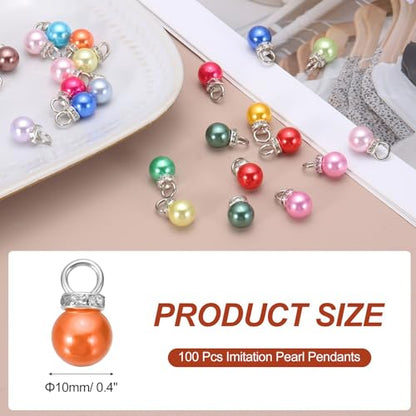 MECCANIXITY 100Pcs Imitation Pearl Pendant 10mm Faux Pearl Beads with Rhinestone for Dangle Jewelry Making Earrings Necklace Bracelets Crafts, Orange - color: Orange