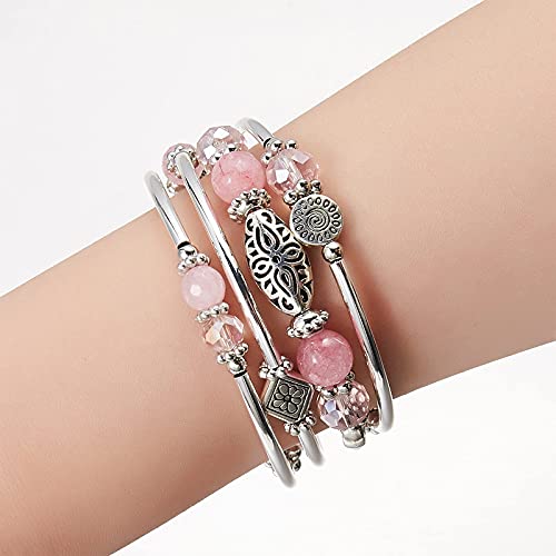 FULU AUTUMN Stackable Beaded Bracelets for Women Boho Wrap Silver Bracelet Layered Fashion Jewelry Gifts for Her - color: Pink