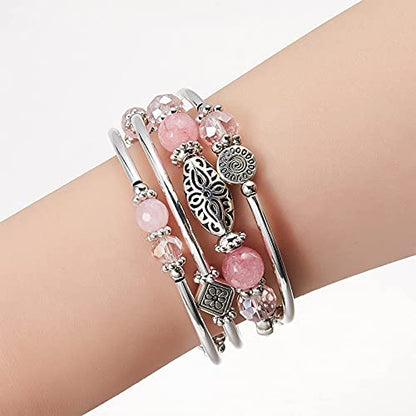 FULU AUTUMN Stackable Beaded Bracelets for Women Boho Wrap Silver Bracelet Layered Fashion Jewelry Gifts for Her - color: Pink