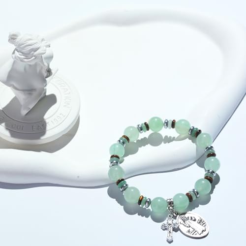 Rosary for Men Women, Natural Stone Beads with St. Benedict Bracelet | 8 mm Natural Stone Prayer Beads with 10 mm Accent Beads, St. Benedict Crucifix, Matching Bracelet, Gift Box and Pouch. - color: Green