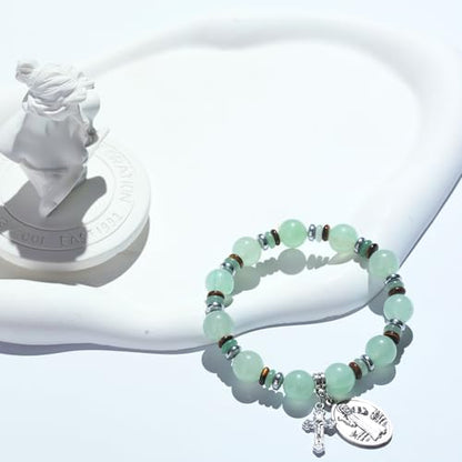 Rosary for Men Women, Natural Stone Beads with St. Benedict Bracelet | 8 mm Natural Stone Prayer Beads with 10 mm Accent Beads, St. Benedict Crucifix, Matching Bracelet, Gift Box and Pouch. - color: Green