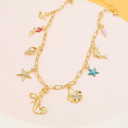 JNF Cute Shell Conch Boho Charm Necklace for Women Sun Moon Star Coin Heart Flower Boot Bow Charms Necklaces Summer Beach Jewelry - color: coastal beach necklace