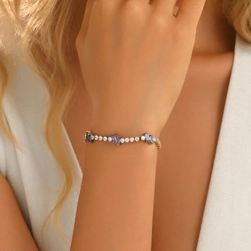 18K Gold Plated Cubic Zirconia Tennis Bracelet for Women Sparkling Stackable Stainless Steel Jewelry Hypoallergenic Tarnish Resistant Bridal Gift - color: Purple Baguette CZ-Gold