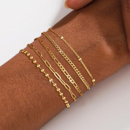 MFRYK Gold/Silver Bracelets For Women,Trendy 14k Gold/Silver Plated lightweight Dainty Chunky Thin Cuban Link Paperclip Chain Tennis Bangle Bracelets Stack Set,Ring Hand Chain Bracelet,Gold Jewelry Gift For Women Fashion Accessories - style: 5Pcs thin cub