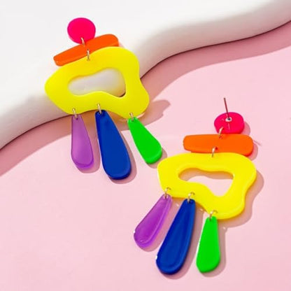 Funny Geometry Retro Colorful Geometric Acrylic Dangle Earrings, 8cm Bold 80s 90s Statement Earrings for Women