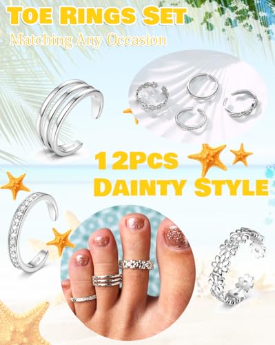 Sanfenly 12 Pcs Toe Rings for Women Non Tarnish Waterproof | 14K Gold Filled Dainty Thin Chunky Open Band Rings, Trendy Silver Plated Adjustable Toe Rings, Summer Beach Foot Jewelry Set - color: Silver Plated