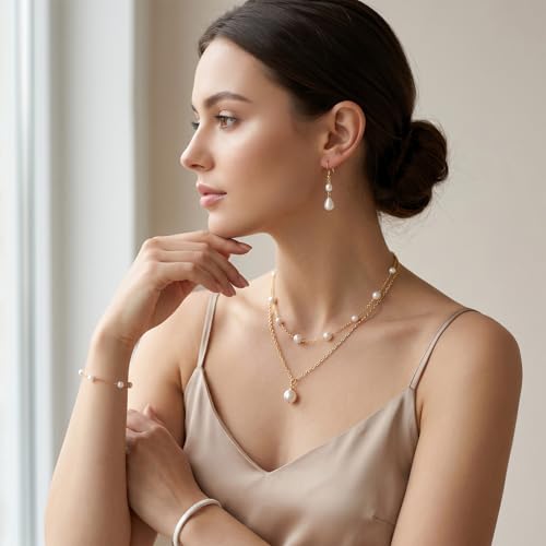 Yuanchu Gold Jewelry Set, Gold Copper Plated Pearl Necklace and Earring Set, Dainty Layered Choker, Adjustable Bracelet, Wedding Jewelry Sets for Brides