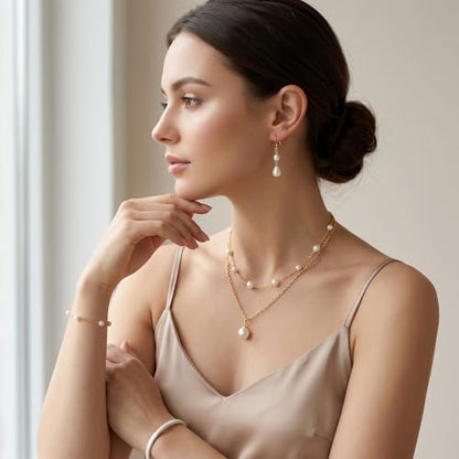 Yuanchu Gold Jewelry Set, Gold Copper Plated Pearl Necklace and Earring Set, Dainty Layered Choker, Adjustable Bracelet, Wedding Jewelry Sets for Brides