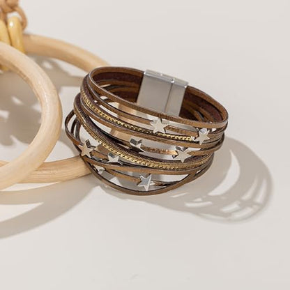 Boho Cute Star Leather Wrap Bracelets Stackable Western Chunky Jewelry | Bohemian Statement Layered Stack Magnetic Clasp Cuff Bangle Fashion Festival Hippie Cowgirl Country Outfits for Women Trendy - color: Bronze