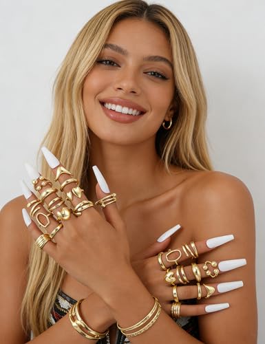 17 MILE Chunky Gold Stackable Rings for Women Non Tarnish, 18K Gold-Plated Statement Open Stacking Rings, Knuckle Band Ring Set - color: 13 Pcs Gold