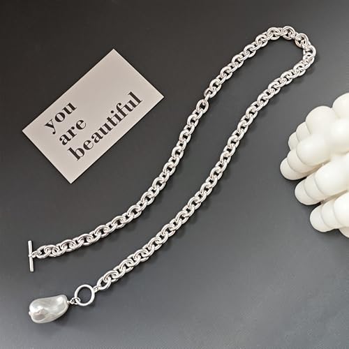 IMBOS 14K Gold Plated Chunky Chain Choker Necklaces for Women Chunky Gold Necklace Tennis Necklace for Women CZ Love Chain Cuban Link Choker Jewelry Gifts - color: Silver-Baroque Pearl Necklace