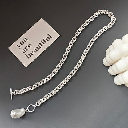 IMBOS 14K Gold Plated Chunky Chain Choker Necklaces for Women Chunky Gold Necklace Tennis Necklace for Women CZ Love Chain Cuban Link Choker Jewelry Gifts - color: Silver-Baroque Pearl Necklace