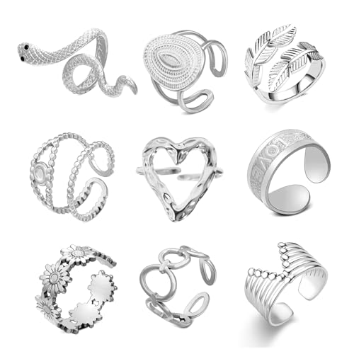 Loqimu 8 Pack Stainless Steel Rings Set for Women Silver Aesthetic Jewelry Rings Adjustable Stackable Rings for Teen Girls Trendy Knuckle Thumb Finger Rings Size 8 9 7 10 Indie rings - color: Silver 4