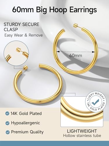 PROSTEEL Chunky Hoop Earrings for Women 14K Gold Plated/Black/Silver | 20/30/40/50/60/70/80mm Stainless Steel Thick Big Round Hoop with Waterproof and Non Tarnish Trendy Jewelry with Gift Box - color: 2. Gold, size: 60MM