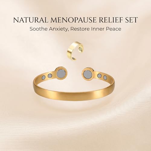 Calming Bracelet Ring Set for Women, Menopause Bracelets Adjustable Bangle Stainless Steel Cuff Climacterium Anxiety Stress Relief Energy Open Jewelry Gift - color: Gold PRO + Gold