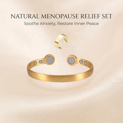 Calming Bracelet Ring Set for Women, Menopause Bracelets Adjustable Bangle Stainless Steel Cuff Climacterium Anxiety Stress Relief Energy Open Jewelry Gift - color: Gold PRO + Gold