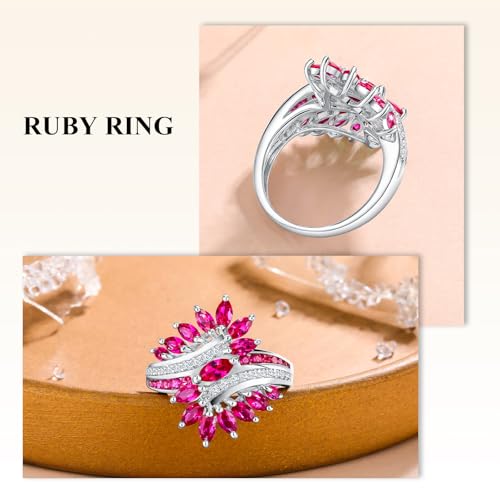 Statement Flower Ring Cocktail Leaf Ring Birthstone Anniversary Signet Ring | Hypoallergenic|14K Gold Plated|Sterling Silver Sparkling Engagement Promise Party Ring for Women, Size 6 to 10(With Box) - color: Leaf -White Gold Ruby
