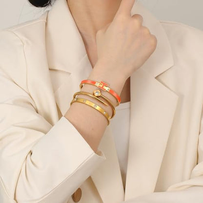 3Pcs Gold Bracelets for Women 14K Gold Plated Love/H/Nail Bangle Bracelet Dainty Non Tarnish Bracelet Jewelry Christmas Mothers Day Gifts for Women - color: 3Pcs Gold/Orange H bracelet