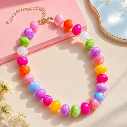 Colorful Chunky Beaded Necklaces for Women Multicolor Large Round Resin Beads Collar Necklace Boho Trendy Statement Chokers Y2K Summer Beach Jewelry - color: Candy Rainbow-Oval