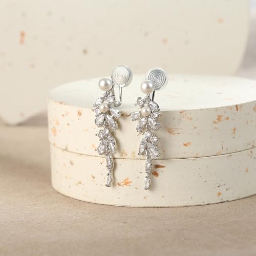 Crysdue Simulated Pearl Earrings for Women, Dainty Silver/Gold/Rose Gold Plated Cubic Zirconia Drop Dangle Earrings Wedding Jewelry for Bride Bridesmaid - style: U_Clip on_Pearl, Silver