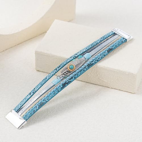 Western Turquoise Leather Cuff Bracelets Boho Feather Cowgirl Jewelry | Stackable Country Hippie Wrap Bangle Set Magnetic Clasp Chunky Beaded Stone Bohemian Statement Outfits for Women Trendy - color: Blue