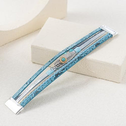 Western Turquoise Leather Cuff Bracelets Boho Feather Cowgirl Jewelry | Stackable Country Hippie Wrap Bangle Set Magnetic Clasp Chunky Beaded Stone Bohemian Statement Outfits for Women Trendy - color: Blue
