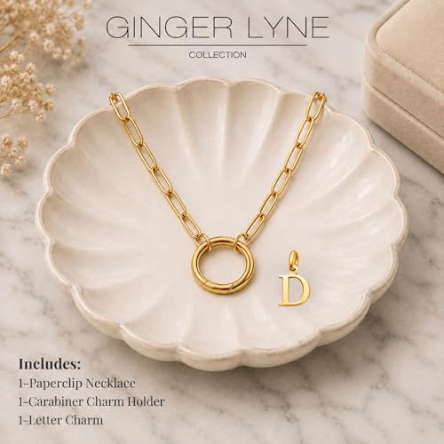 Paperclip Chain Carabiner Initial Charm Holder Necklace by Ginger Lyne | 18K Gold-Plated or Silver Tone Paperclip Chain with Carabiner Charm Holder, Adjustable 18-20 Inch, A-Z Initial Pendant - color: Gold-D