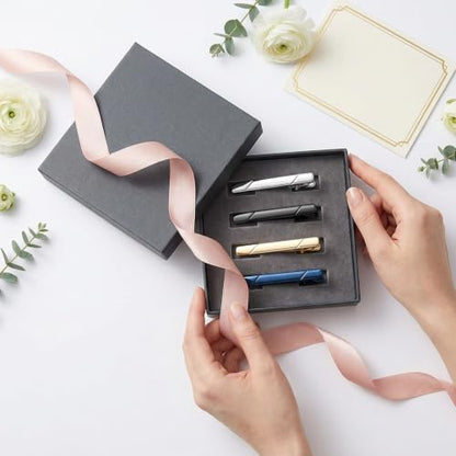 MOZETO Tie Clips for Men, Black Gold Blue Silver Tie Bar Set for Regular Ties, Luxury Box Gift Ideas