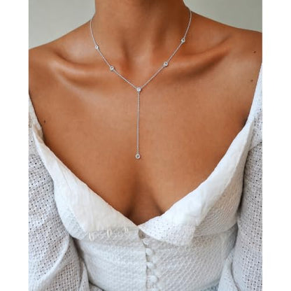 Lariat Necklace for Women, Dainty 14K Gold/Silver Plated Long Necklaces for Women Trendy Simple Layered Y-Shaped Pendant Necklace Adjustable Fashion Jewelry Gift - color: Silver, style: CZ Y Necklace