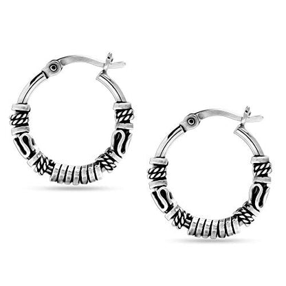 LeCalla 925 Sterling Silver Oxidized Balinese Hoops Earring Jewelry Small Antique Bali Beaded Hoop Earrings for Women - color: Balinese Spiral Design