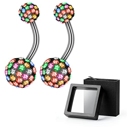 2-Piece 14G Belly Button Rings, Rhinestone Disco Balls | Hypoallergenic stainless steel with 5mm top and 8mm bottom rhinestone balls, gift-boxed navel piercing jewelry for women - color: Mixed Color