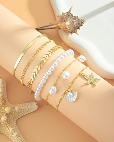 FAXHION Gold Anklets for Women Waterproof, Adjustable Boho Stacking Dangle Coin White Bead Cuban Link Chain Anklets Set, Summer Layered Beach Jewelry Gift for Women - color: Gold-pearl Shell
