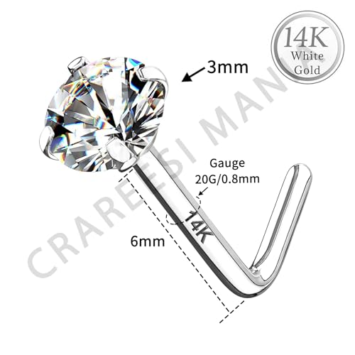 14K Real Gold Nose Studs 20G Nose Rings Studs L Shaped Nose Rings for Women Men Diamond CZ Nose Piercing - color: White Gold-Round CLCZ