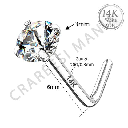 14K Real Gold Nose Studs 20G Nose Rings Studs L Shaped Nose Rings for Women Men Diamond CZ Nose Piercing - color: White Gold-Round CLCZ