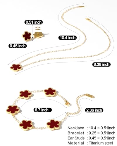 AICase Clover Jewelry Set,18K Gold Plated Lucky Clover Bracelet,Four Leaf Clover Necklace and Clover Earrings Fashion Jewelry Sets Gifts for Women/Mon - color: Red