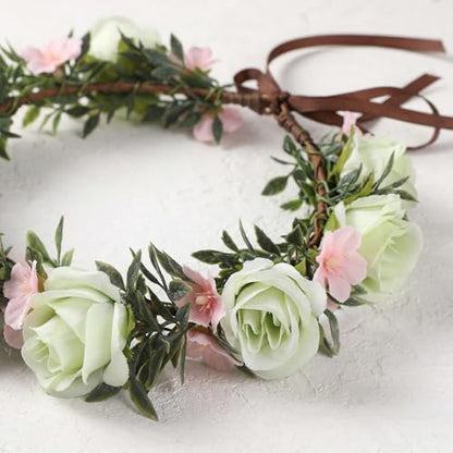 Pink Green Flower Crown Headband, Boho Rose Floral Headpiece | Artificial, Adjustable Fairy Woodland Headbands, Women Maternity Wedding Renaissance Festival Birthday Party Accessories - color: Pink-green