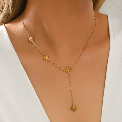 Dainty Y-Shaped Lariat CZ Drop Charm Pendant Necklaces for Women - color: Star-GD