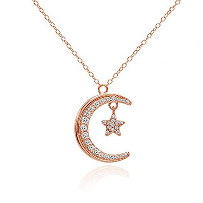Hoops & Loops 925 Sterling Silver Crescent Moon and Star Cubic Zirconia Pendant Necklace for Women, Silver, Yellow Gold, Rose Gold - color: Rose Gold