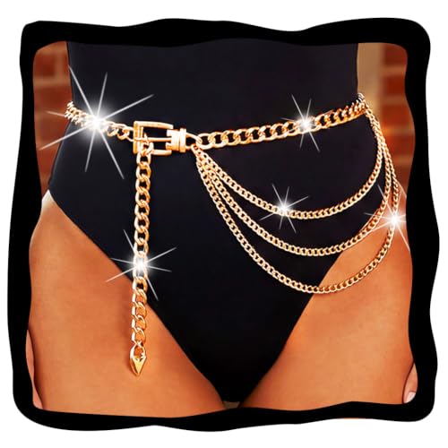 Silver Chain Belts Fashion Waist Chians for Women | Chunky Punk Layered Waist Body Chain Jewelry - color: Gold