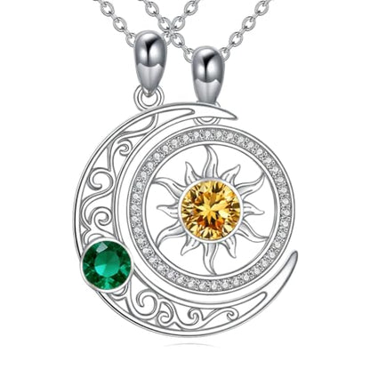 Couples Necklace for 2 Sun and Moon Pendant Matching Jewelry Anniversary Birthday Gifts for Couples BFF - color: May&November
