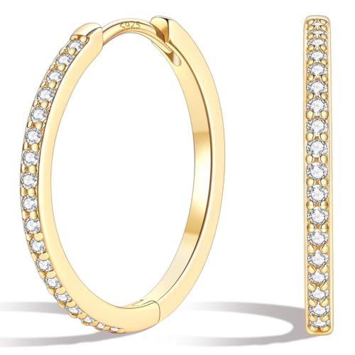 Silvora 925 Sterling Silver Huggie Hoop Earrings for Women, Small Hoop Earrings for Women, Cubic Zirconia Cartilage Earrings for Sensitive Ears, 6/8/10/12/14/16/18/20mm - color: A.14K Gold Plated, size: 18MM