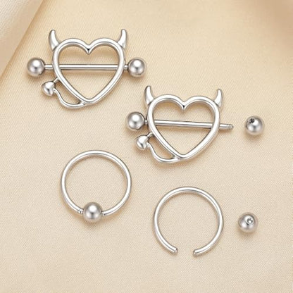 G&O JFU 7 Pairs Nipple Piercing Jewelry 14G Stainless Steel Tongue Rings Nipple Barbells Bunny Nipple Rings for Women Men