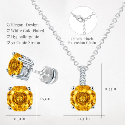 Rose Cut Silver Solitaire Necklace and Earring Set for Women, Jewelry Gift | Rose Cut, Cubic Zirconia, Necklace and Stud Earrings Set, Jewelry Set, Minimalist - color: Yellow