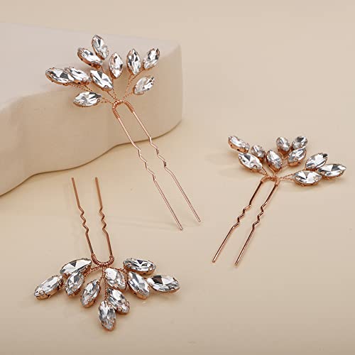 Teyglen 3pcs Bridal Crystal Hair Pins Rhinestones Hair Pieces Simple Crystal Wedding Hair Accessories Handmade Hair Pins for Women Bride Girls (Rose Gold) - color: Rose Gold