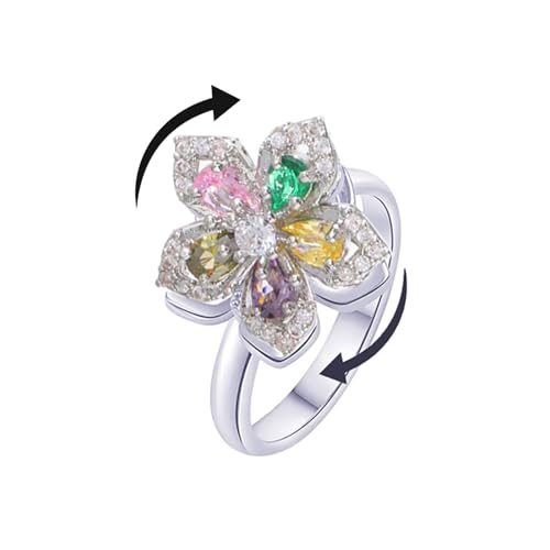 Sunflower Fidget Ring for Women Gold Anxiety Crystal Rings Cubic Zirconia Sunflower Open Adjustable Fidget Ring Spinner Sun Ring for Men Trendy Jewelry - color: Silver Colorful