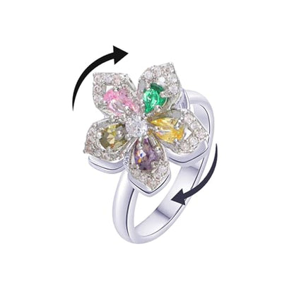 Sunflower Fidget Ring for Women Gold Anxiety Crystal Rings Cubic Zirconia Sunflower Open Adjustable Fidget Ring Spinner Sun Ring for Men Trendy Jewelry - color: Silver Colorful